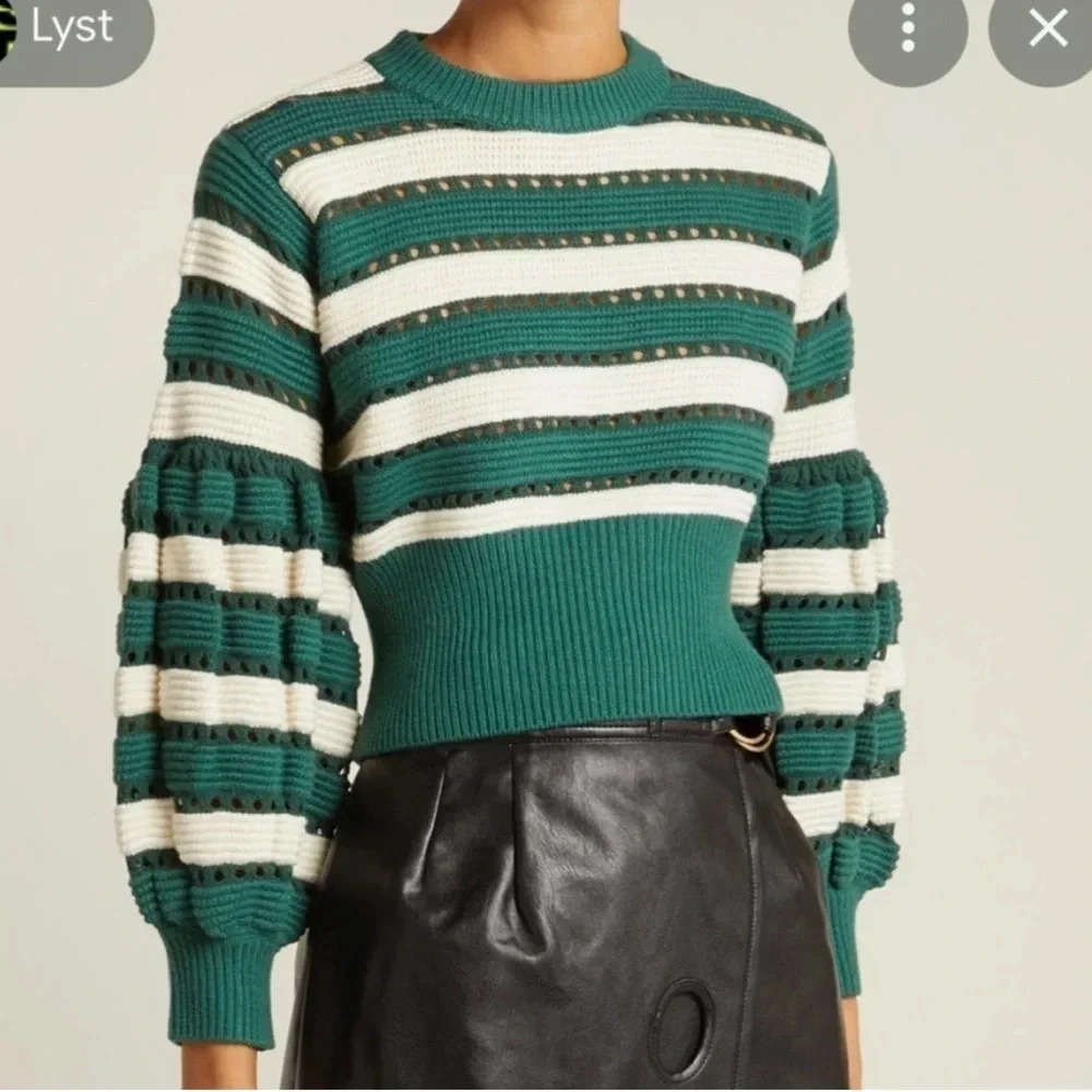 Self Portrait Striped Puff Sleeve Sweater Green Cream Size L